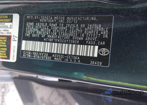 2012 Toyota Camry Se from USA, damaged, VIN 4T1BF1FK5CU113828